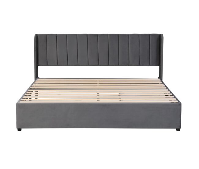 Cama tapizada 180x200 cm - con somier, respaldo y 2 cajones - gris