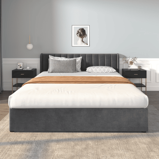 Cama estofada 180x200 cm - Com estrado, encosto e 2 gavetas - Cinza Cama estofada 180x200 cm - Com estrado, encosto e 2 gavetas - Cinza