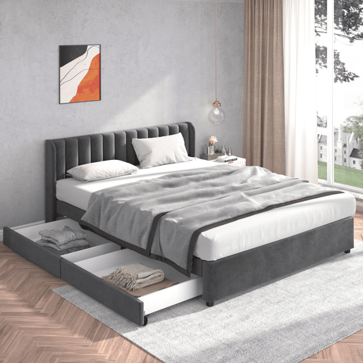 Cama estofada 180x200 cm - Com estrado, encosto e 2 gavetas - Cinza Cama estofada 180x200 cm - Com estrado, encosto e 2 gavetas - Cinza