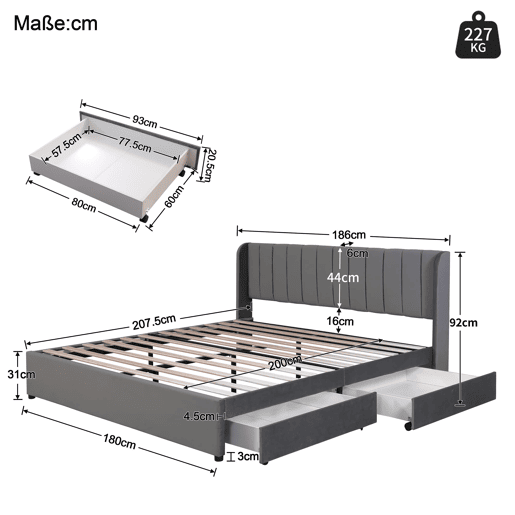 Cama estofada 180x200 cm - Com estrado, encosto e 2 gavetas - Cinza Cama estofada 180x200 cm - Com estrado, encosto e 2 gavetas - Cinza