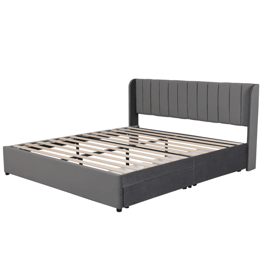 Cama estofada 180x200 cm - Com estrado, encosto e 2 gavetas - Cinza Cama estofada 180x200 cm - Com estrado, encosto e 2 gavetas - Cinza