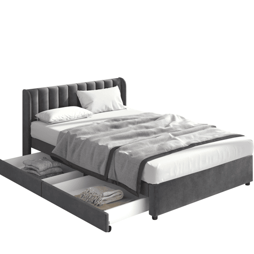 Cama estofada 180x200 cm - Com estrado, encosto e 2 gavetas - Cinza Cama estofada 180x200 cm - Com estrado, encosto e 2 gavetas - Cinza