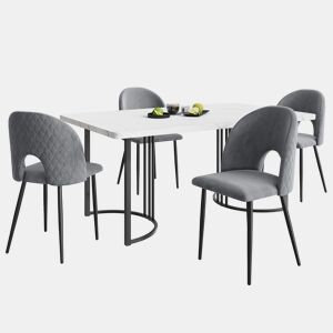 Conjunto de mesa e cadeiras 140×80 cm - Mesa moderna, 4 cadeiras, veludo cinzento, pernas ajustáveis, MDF branco