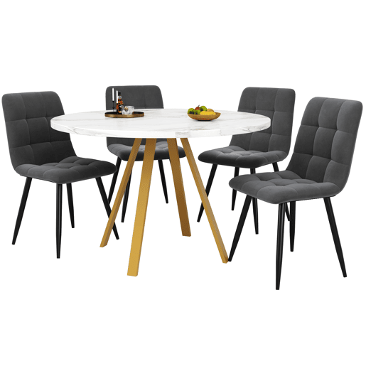 Conjunto de mesa e cadeiras 5 peças 80x80x75 cm - Mesa redonda com 4 cadeiras de veludo - Branco e dourado