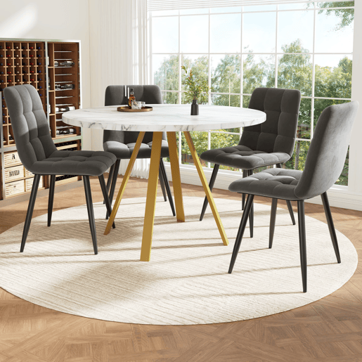Conjunto de mesa e cadeiras 5 peças 80x80x75 cm - Mesa redonda com 4 cadeiras de veludo - Branco e dourado