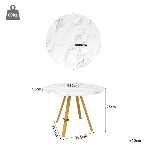 Conjunto de mesa e cadeiras 5 peças 80x80x75 cm - Mesa redonda com 4 cadeiras de veludo - Branco e dourado