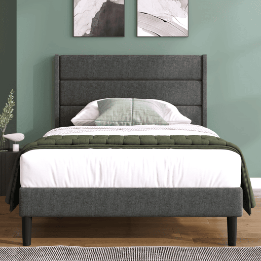 Cama estofada 90x200 cm - Estrutura com estrado e cabeceira - Estofada em linho cinzento