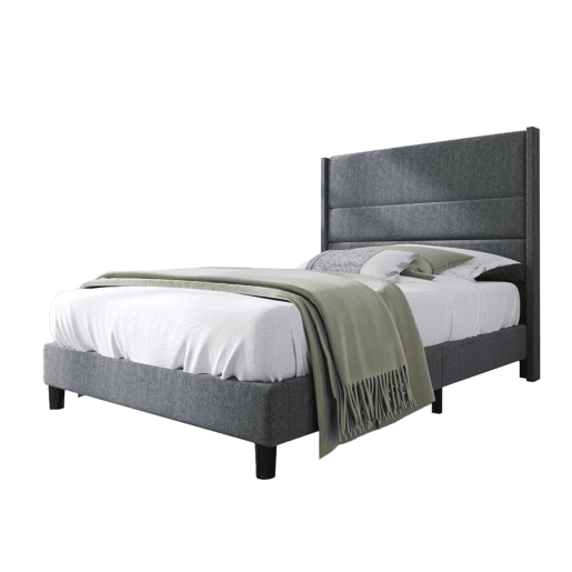 Cama estofada 90x200 cm - Estrutura com estrado e cabeceira - Estofada em linho cinzento