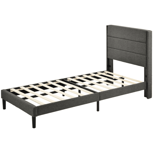 Cama estofada 90x200 cm - Estrutura com estrado e cabeceira - Estofada em linho cinzento