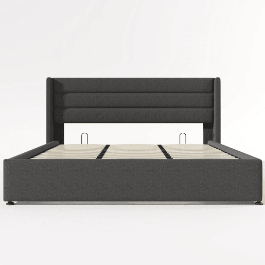 Cama estofada 180x200 cm - Cama hidráulica com arrumação, estrado de madeira e estrutura metálica - Cinza