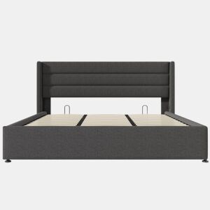 Cama estofada 180x200 cm - Cama hidráulica com arrumação, estrado de madeira e estrutura metálica - Cinza