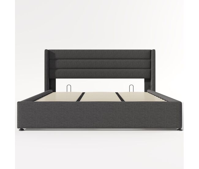 Cama tapizada 180x200 cm - cama hidráulica con almacenamiento, somier de madera y estructura metálica - gris