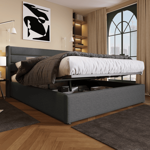 Cama estofada 180x200 cm - Cama hidráulica com arrumação, estrado de madeira e estrutura metálica - Cinza