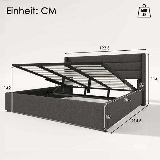 Cama estofada 180x200 cm - Cama hidráulica com arrumação, estrado de madeira e estrutura metálica - Cinza
