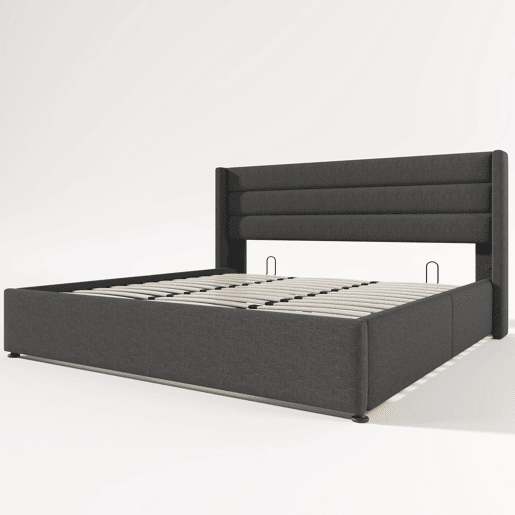 Cama estofada 180x200 cm - Cama hidráulica com arrumação, estrado de madeira e estrutura metálica - Cinza
