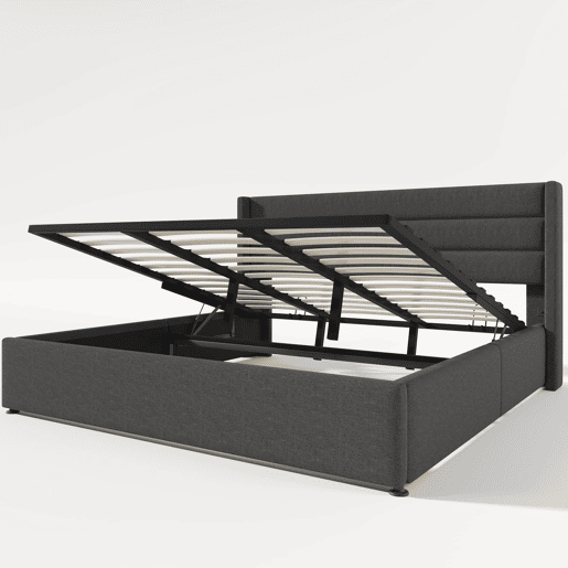 Cama estofada 180x200 cm - Cama hidráulica com arrumação, estrado de madeira e estrutura metálica - Cinza