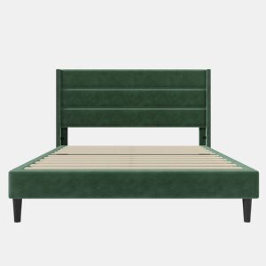 Cama estofada 140x200 cm - Com estrado e cabeceira, cama de casal acolchoada, veludo verde escuro