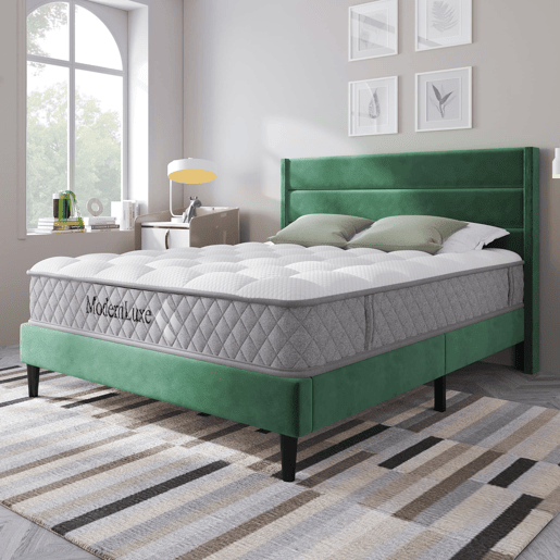 Cama estofada 140x200 cm - Com estrado e cabeceira, cama de casal acolchoada, veludo verde escuro