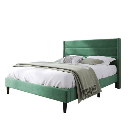 Cama estofada 140x200 cm - Com estrado e cabeceira, cama de casal acolchoada, veludo verde escuro