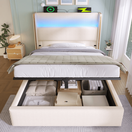 Cama hidráulica 90x200 cm - Com iluminação LED, armazenamento e portas USBType-C - Bege