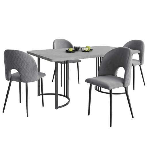 Conjunto de sala de jantar 140x80 cm - Mesa MDF cinzenta com 4 cadeiras de veludo cinzento, pernas pretas