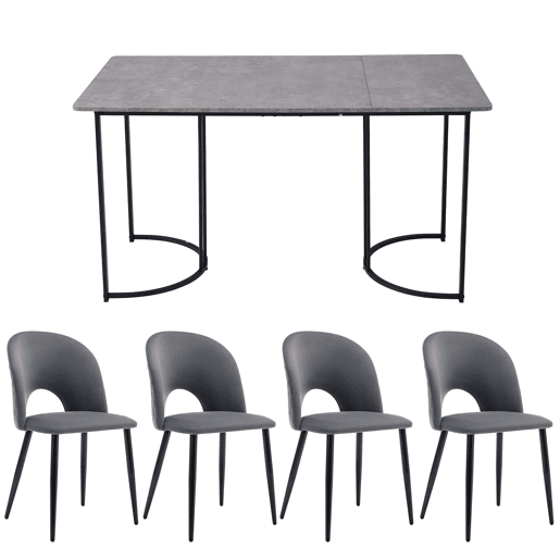 Conjunto de sala de jantar 140x80 cm - Mesa MDF cinzenta com 4 cadeiras de veludo cinzento, pernas pretas