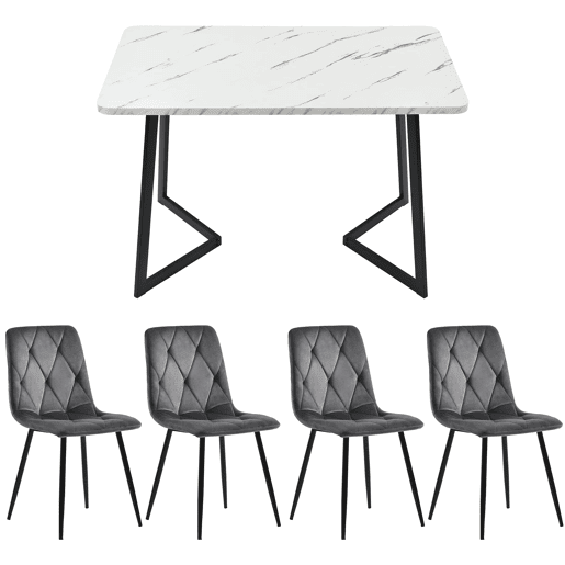Conjunto de sala de jantar 117x68cm - Mesa retangular moderna com 4 cadeiras, veludo cinzento, pernas pretas