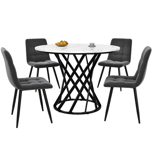 Conjunto de mesa e cadeiras 80 cm - Mesa redonda com pernas metálicas pretas, cadeiras de veludo