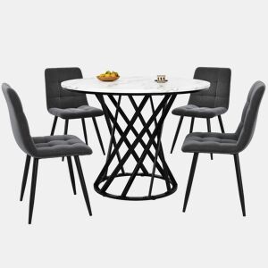 Conjunto de mesa e cadeiras 80 cm - Mesa redonda com pernas metálicas pretas, cadeiras de veludo