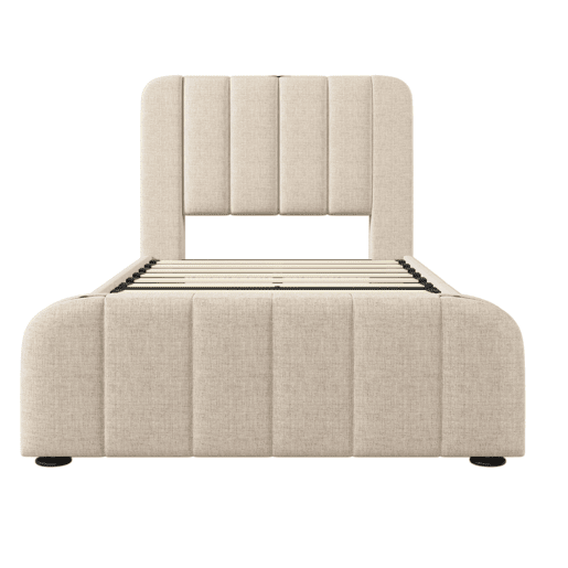 Cama Polsterbett 90x200 - Cabeceira acolchoada com franjas douradas, entrada USB, 4 gavetas - Bege
