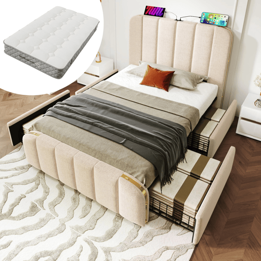 Cama Polsterbett 90x200 - Cabeceira acolchoada com franjas douradas, entrada USB, 4 gavetas - Bege