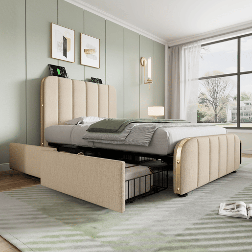 Cama Polsterbett 90x200 - Cabeceira acolchoada com franjas douradas, entrada USB, 4 gavetas - Bege