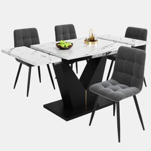 Conjunto de sala de jantar de 5 peças - Mesa em U com design moderno, pernas pretas, cadeiras em veludo cinzento - Multicolorido