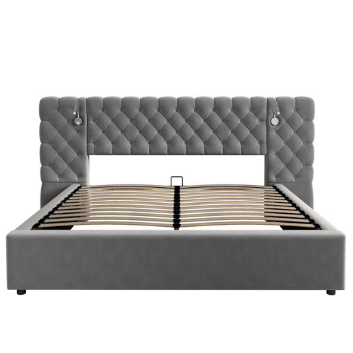 Cama estofada 160x200 cm - Cama hidráulica com arrumação, LED, cabeceira larga, veludo, cinzento