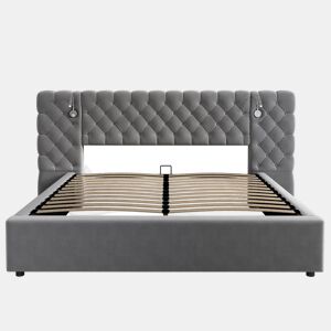 Cama estofada 160x200 cm - Cama hidráulica com arrumação, LED, cabeceira larga, veludo, cinzento