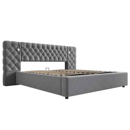 Cama estofada 160x200 cm - Cama hidráulica com arrumação, LED, cabeceira larga, veludo, cinzento