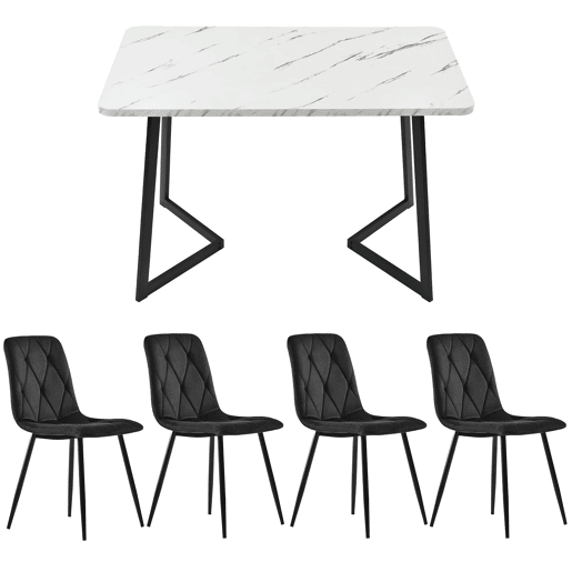 Conjunto de sala de jantar 117x68cm - Mesa retangular com 4 cadeiras - Cadeiras de veludo preto - Pernas pretas