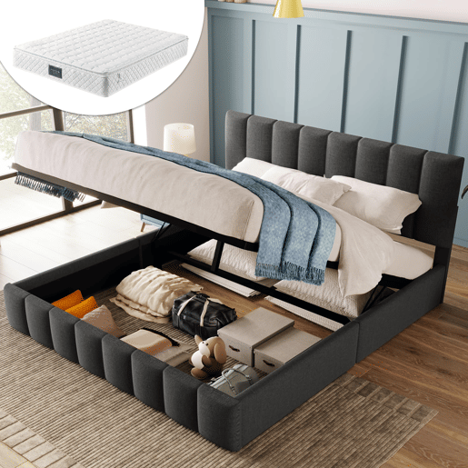 Cama estofada hidráulica 140x200 cm - Cabeceira ajustável, Estrutura metálica, Com arrumação - Cinza