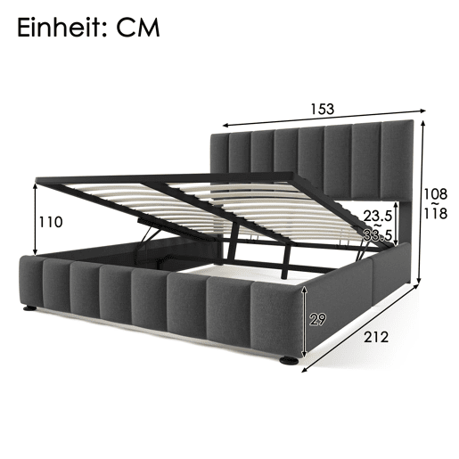 Cama estofada hidráulica 140x200 cm - Cabeceira ajustável, Estrutura metálica, Com arrumação - Cinza