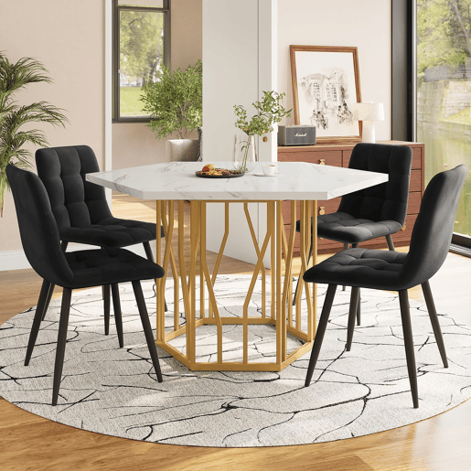 Conjunto de mesa e cadeiras 5 peças - Mesa hexagonal de mármore + 4 cadeiras de veludo preto - Dourado