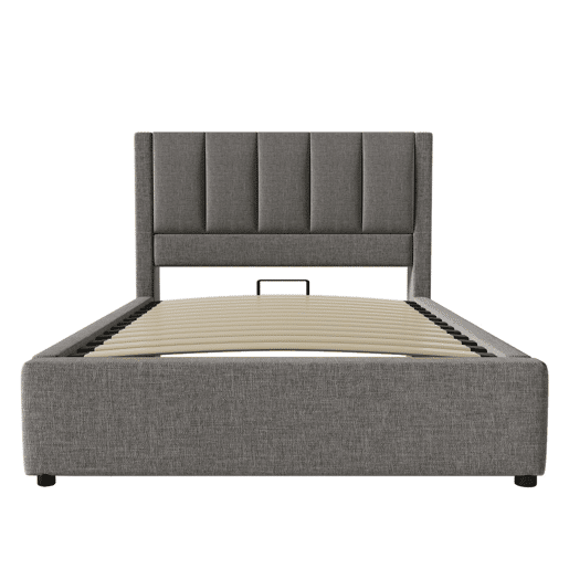Cama estofada 90x200 cm - Com porta-copos oculto e estação de carregamento - Linho cinzento