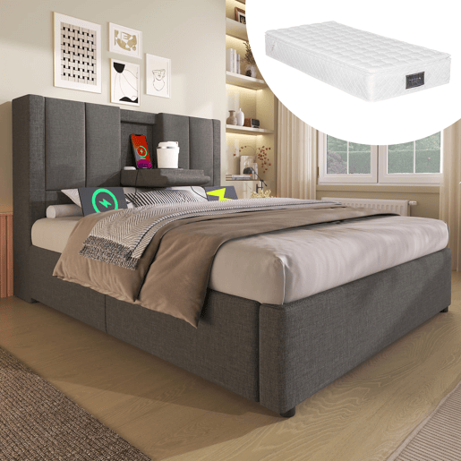 Cama estofada 90x200 cm - Com porta-copos oculto e estação de carregamento - Linho cinzento