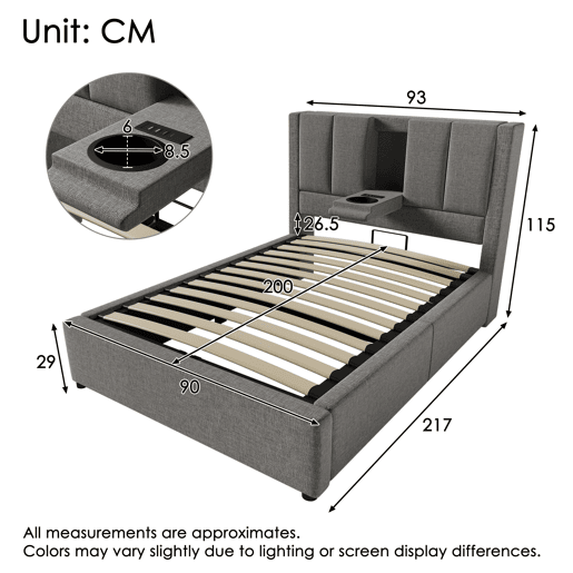 Cama estofada 90x200 cm - Com porta-copos oculto e estação de carregamento - Linho cinzento