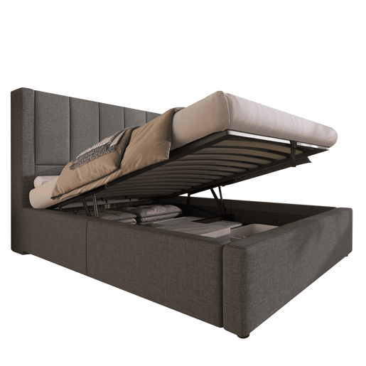 Cama estofada 90x200 cm - Com porta-copos oculto e estação de carregamento - Linho cinzento