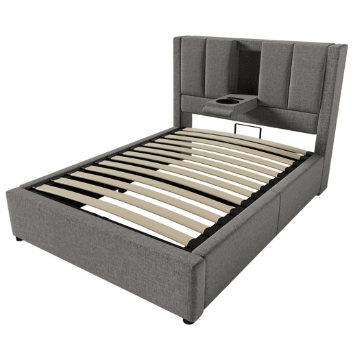 Cama estofada 90x200 cm - Com porta-copos oculto e estação de carregamento - Linho cinzento