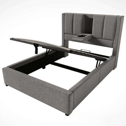 Cama estofada 90x200 cm - Com porta-copos oculto e estação de carregamento - Linho cinzento