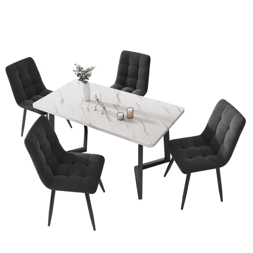 Conjunto de sala de jantar de 5 peças 117x68 cm - Mesa de cozinha moderna com 4 cadeiras, pernas metálicas pretas, madeira nogal