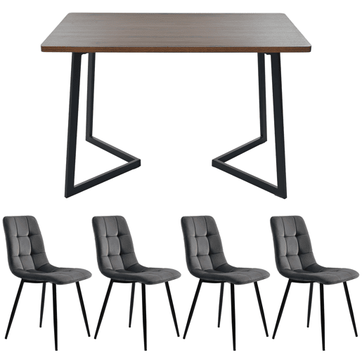 Conjunto de sala de jantar de 5 peças 117x68 cm - Mesa de cozinha moderna com 4 cadeiras, pernas metálicas pretas, madeira nogal