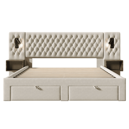 Conjunto completo para quarto - Cama estofada 160x200 cm - 2 mesas de cabeceira, 4 gavetas, luz LED, bege, veludo