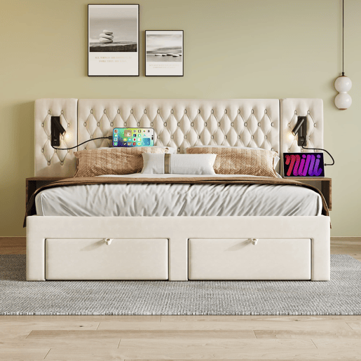 Conjunto completo para quarto - Cama estofada 160x200 cm - 2 mesas de cabeceira, 4 gavetas, luz LED, bege, veludo